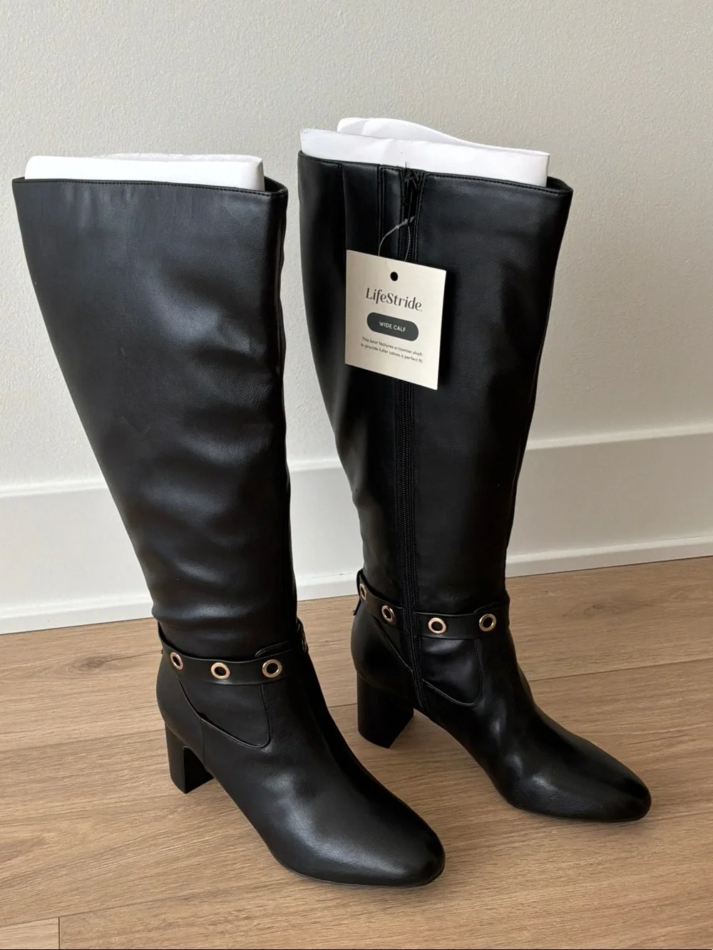 LifeStride Wide Calf Black Tall Block-Heel Boots with Silver Eyelet Strap
